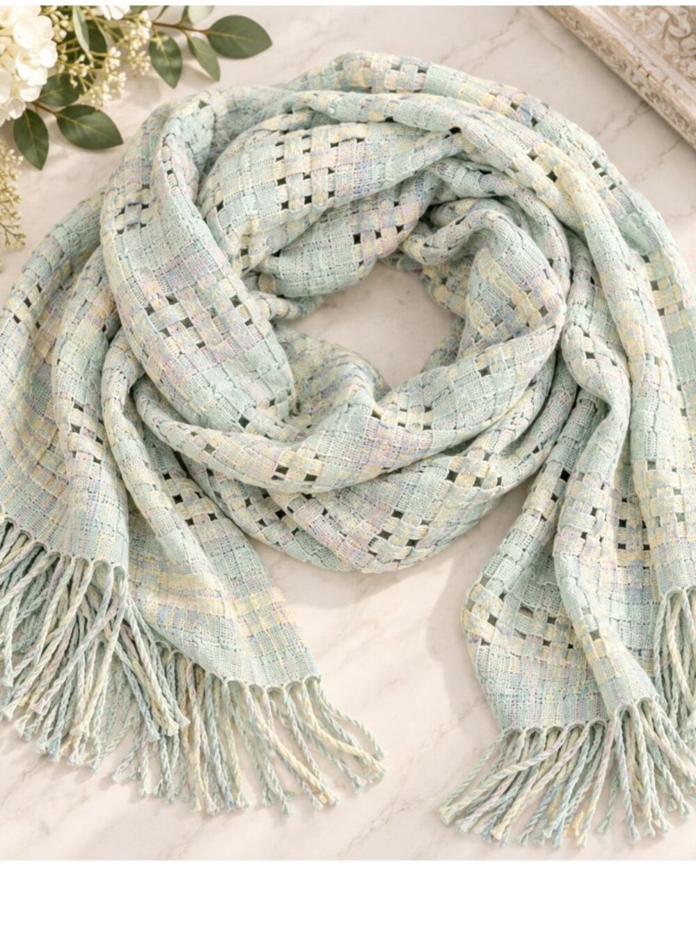 Cochni Italy Wool Scarf Wrap Mint Pastel Vtg Open Weave Lagenlook Shawl Fringe